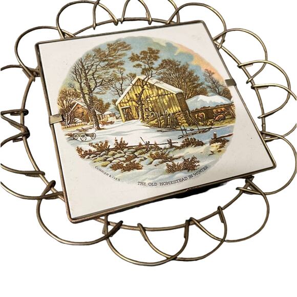 Vintage Currier and Ives The Old Homestead in Winter Tile wall art Stamped - Picture 2 of 5